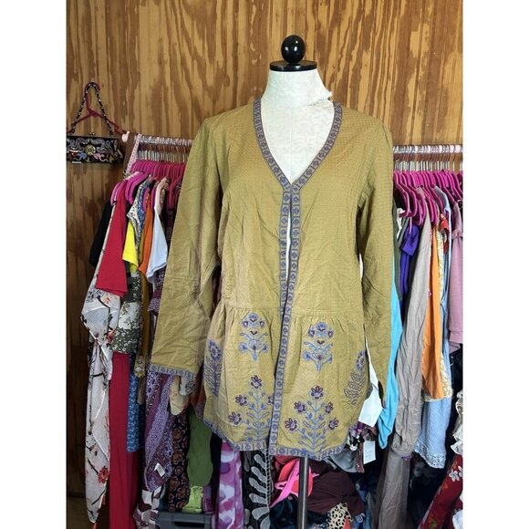 LOGO Lavish by Lori Goldstein Woven Cardigan with Embroidery NWOT Golden Sz M - Picture 2 of 11